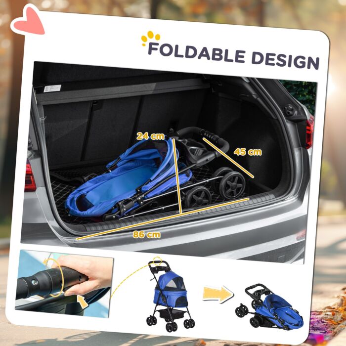 Pawhut Pet Stroller Dog Cat Travel Pushchair One-click Fold Trolley Jogger With Eva Wheels Brake Basket Adjustable Canopy Safety Leash Blue