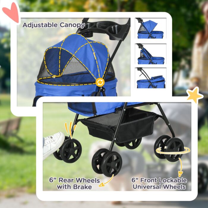 Pawhut Pet Stroller Dog Cat Travel Pushchair One-click Fold Trolley Jogger With Eva Wheels Brake Basket Adjustable Canopy Safety Leash Blue