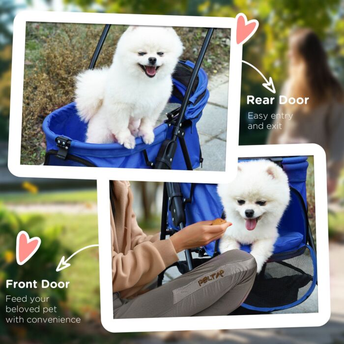 Pawhut Pet Stroller Dog Cat Travel Pushchair One-click Fold Trolley Jogger With Eva Wheels Brake Basket Adjustable Canopy Safety Leash Blue