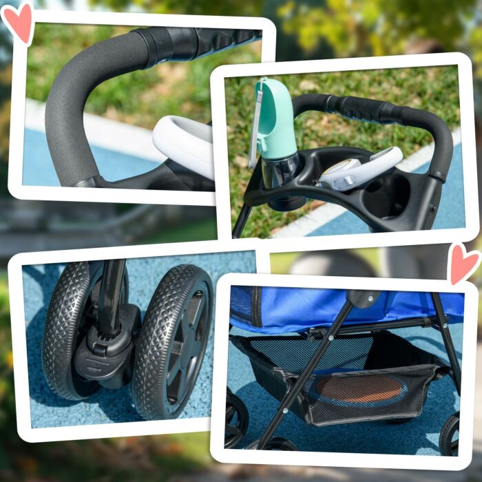 Pawhut Pet Stroller Dog Cat Travel Pushchair One-click Fold Trolley Jogger With Eva Wheels Brake Basket Adjustable Canopy Safety Leash Blue
