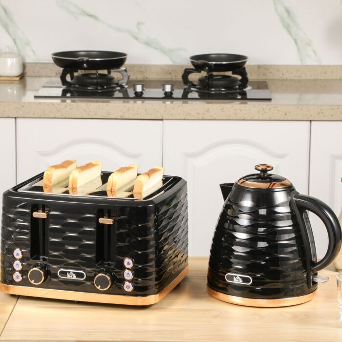 Homcom Kettle And Toaster Sets, 1600w 1.7l Rapid Boil Kettle & 4 Slice Toaster W/7 Browning Controls Defrost Reheat Crumb Tray Otter Thermostat Black