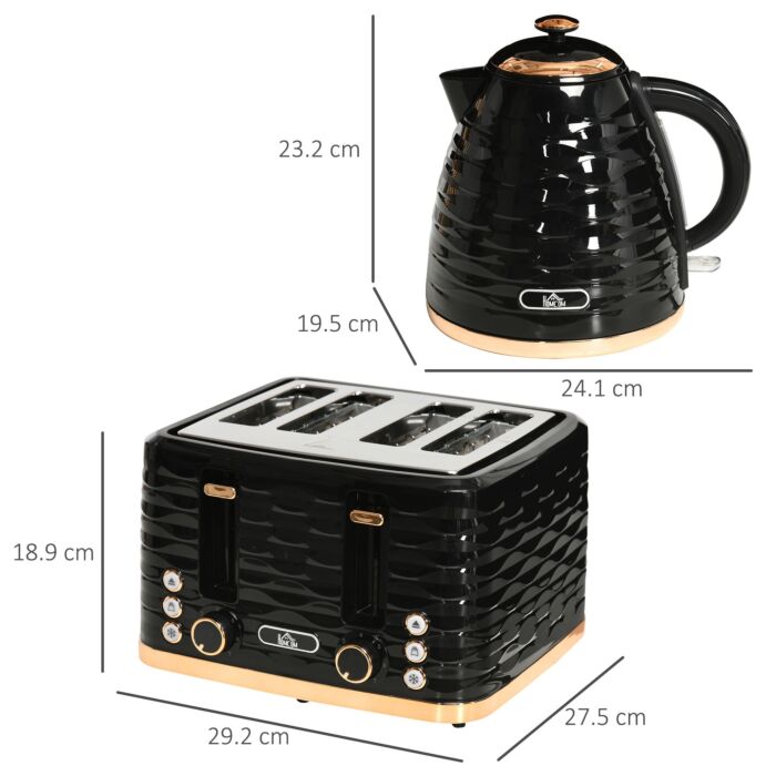 Homcom Kettle And Toaster Sets, 1600w 1.7l Rapid Boil Kettle & 4 Slice Toaster W/7 Browning Controls Defrost Reheat Crumb Tray Otter Thermostat Black