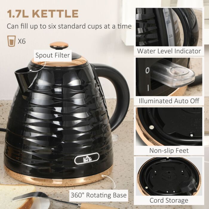 Homcom Kettle And Toaster Sets, 1600w 1.7l Rapid Boil Kettle & 4 Slice Toaster W/7 Browning Controls Defrost Reheat Crumb Tray Otter Thermostat Black