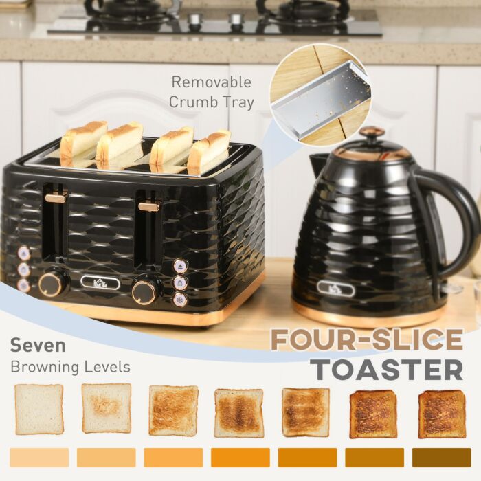 Homcom Kettle And Toaster Sets, 1600w 1.7l Rapid Boil Kettle & 4 Slice Toaster W/7 Browning Controls Defrost Reheat Crumb Tray Otter Thermostat Black