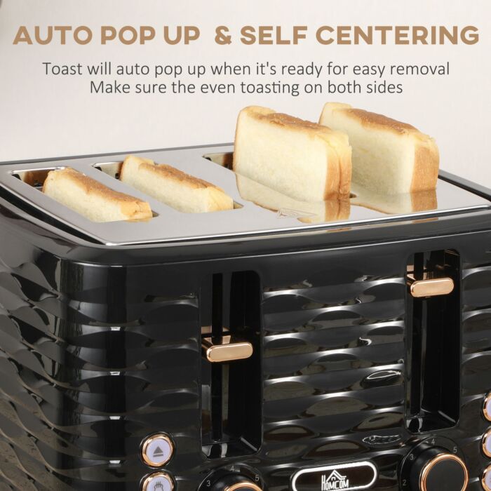 Homcom Kettle And Toaster Sets, 1600w 1.7l Rapid Boil Kettle & 4 Slice Toaster W/7 Browning Controls Defrost Reheat Crumb Tray Otter Thermostat Black