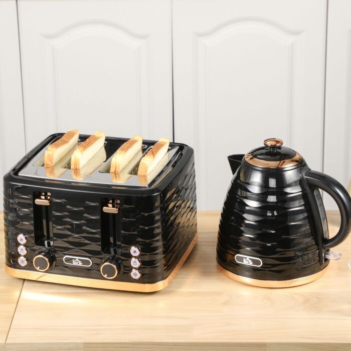 Homcom Kettle And Toaster Sets, 1600w 1.7l Rapid Boil Kettle & 4 Slice Toaster W/7 Browning Controls Defrost Reheat Crumb Tray Otter Thermostat Black
