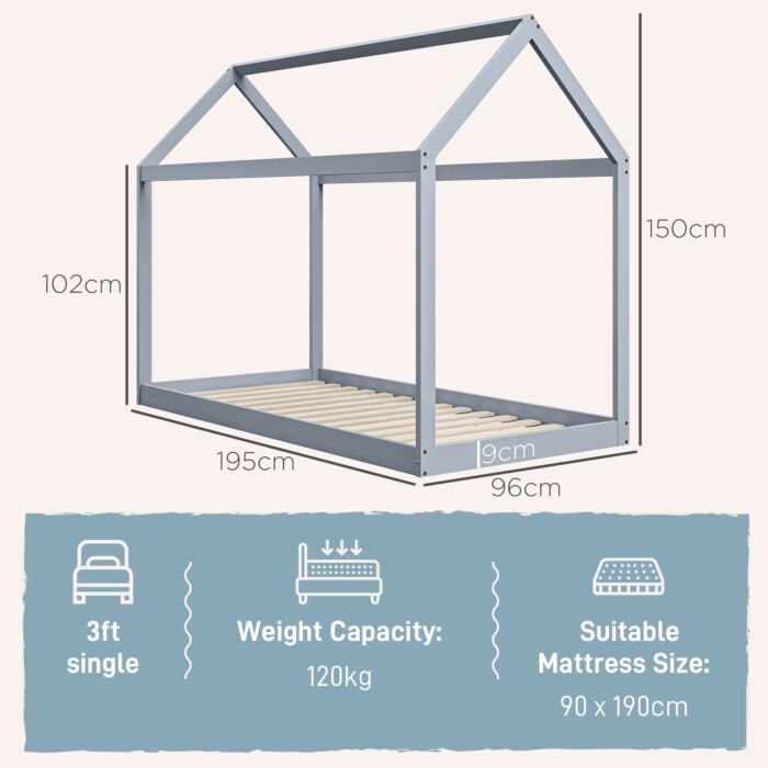 Homcom Single Bed Frame, House Scandinavian Style Wooden Bed Frame For 90w X 190dcm Mattress, Pine Wood Bed Base, Grey