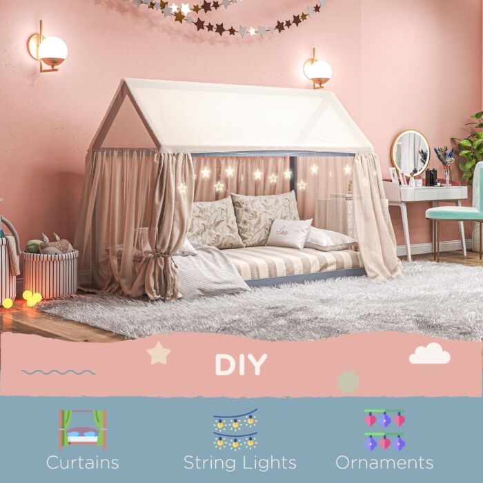Homcom Single Bed Frame, House Scandinavian Style Wooden Bed Frame For 90w X 190dcm Mattress, Pine Wood Bed Base, Grey