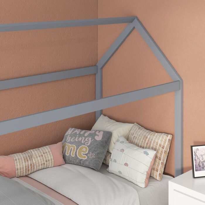 Homcom Single Bed Frame, House Scandinavian Style Wooden Bed Frame For 90w X 190dcm Mattress, Pine Wood Bed Base, Grey