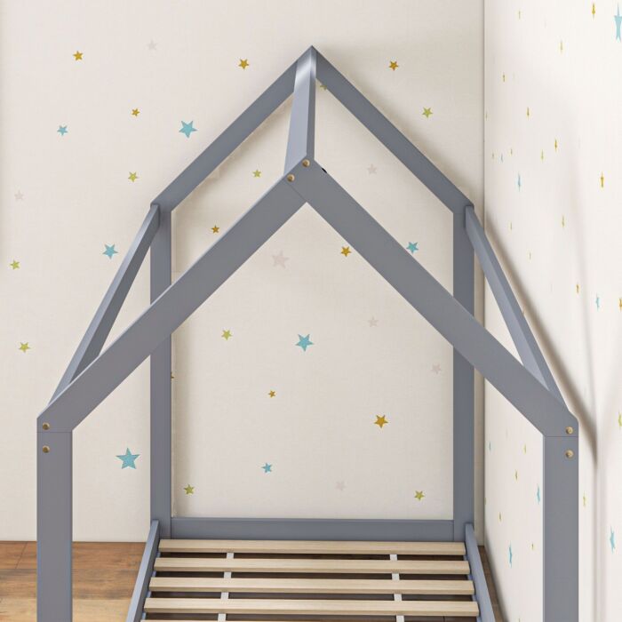Homcom Single Bed Frame, House Scandinavian Style Wooden Bed Frame For 90w X 190dcm Mattress, Pine Wood Bed Base, Grey