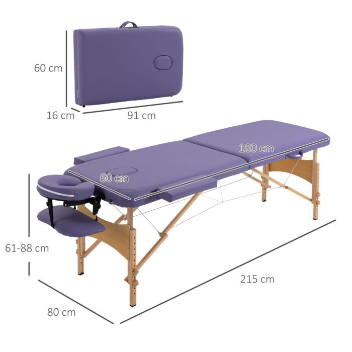 Homcom Portable Massage Bed, Folding Spa Beauty Massage Table With 2 Sections, Carry Bag And Wooden Frame, Purple