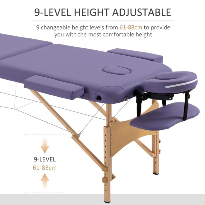 Homcom Portable Massage Bed, Folding Spa Beauty Massage Table With 2 Sections, Carry Bag And Wooden Frame, Purple