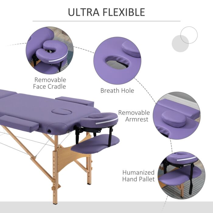 Homcom Portable Massage Bed, Folding Spa Beauty Massage Table With 2 Sections, Carry Bag And Wooden Frame, Purple