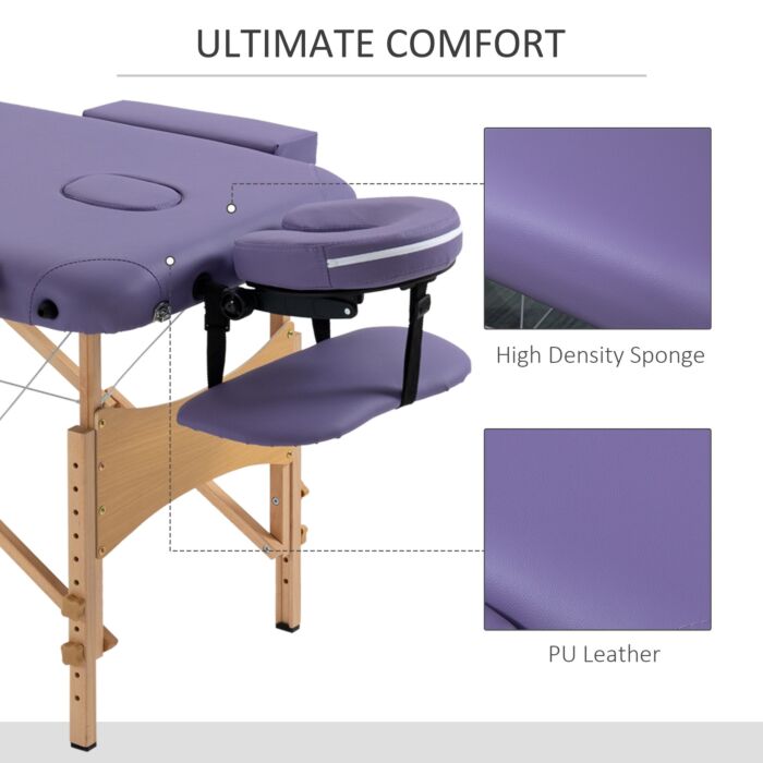 Homcom Portable Massage Bed, Folding Spa Beauty Massage Table With 2 Sections, Carry Bag And Wooden Frame, Purple