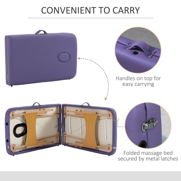 Homcom Portable Massage Bed, Folding Spa Beauty Massage Table With 2 Sections, Carry Bag And Wooden Frame, Purple