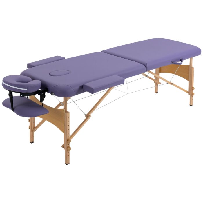 Homcom Portable Massage Bed, Folding Spa Beauty Massage Table With 2 Sections, Carry Bag And Wooden Frame, Purple