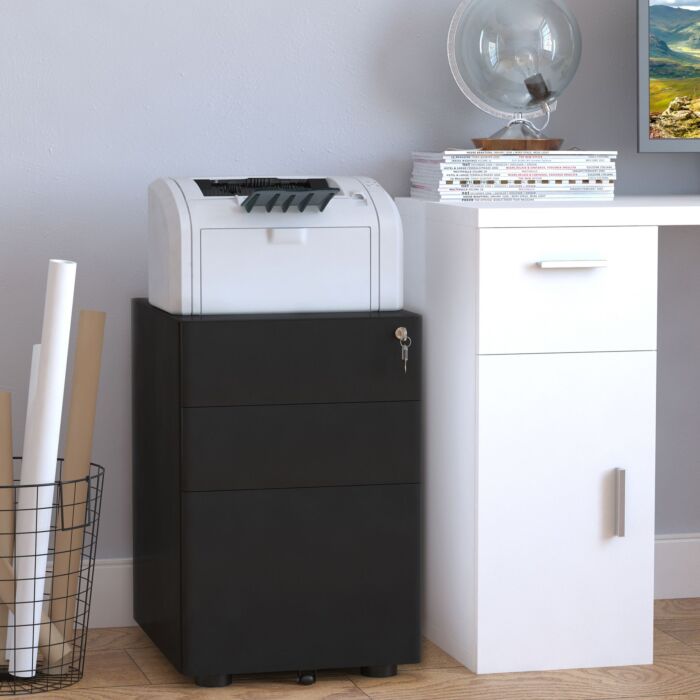Vinsetto 3-drawer Lockable File Cabinet For Letter/legal/a4, Steel Metal Filing Cabinet,home Office File Storage Cabinet With Wheel, Black