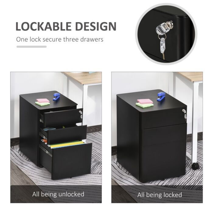 Vinsetto 3-drawer Lockable File Cabinet For Letter/legal/a4, Steel Metal Filing Cabinet,home Office File Storage Cabinet With Wheel, Black
