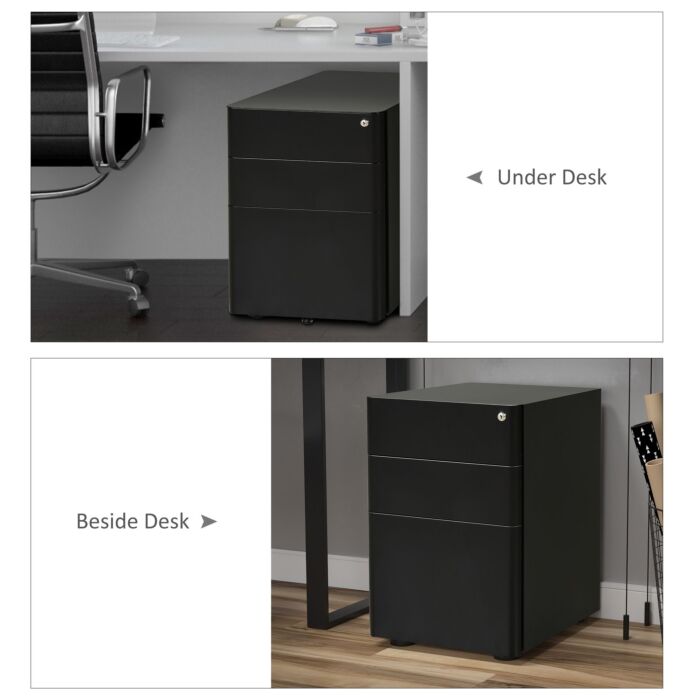 Vinsetto 3-drawer Lockable File Cabinet For Letter/legal/a4, Steel Metal Filing Cabinet,home Office File Storage Cabinet With Wheel, Black