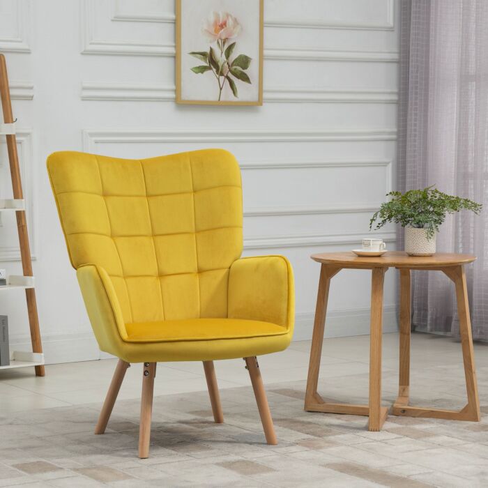 Homcom Modern Accent Chair Velvet-touch Tufted Wingback Armchair Upholstered Leisure Lounge Sofa Club Chair With Wood Legs, Yellow