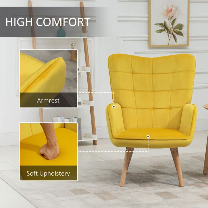 Homcom Modern Accent Chair Velvet-touch Tufted Wingback Armchair Upholstered Leisure Lounge Sofa Club Chair With Wood Legs, Yellow