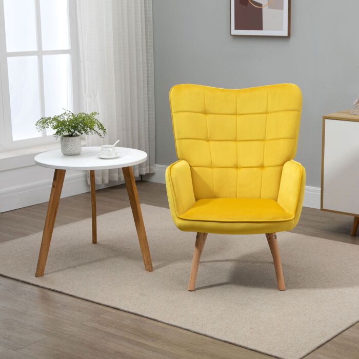 Homcom Modern Accent Chair Velvet-touch Tufted Wingback Armchair Upholstered Leisure Lounge Sofa Club Chair With Wood Legs, Yellow