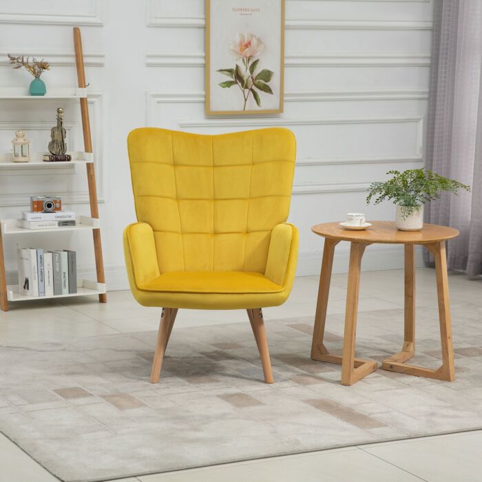 Homcom Modern Accent Chair Velvet-touch Tufted Wingback Armchair Upholstered Leisure Lounge Sofa Club Chair With Wood Legs, Yellow