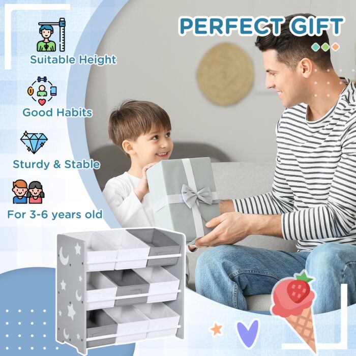 Zonekiz Kids Storage Unit With 9 Removable Storage Baskets, Toy Box Organiser With Shelf, Book Shelf For Nursery Playroom, Grey