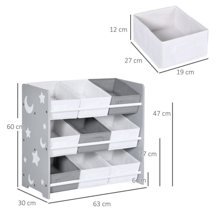 Zonekiz Kids Storage Unit With 9 Removable Storage Baskets, Toy Box Organiser With Shelf, Book Shelf For Nursery Playroom, Grey