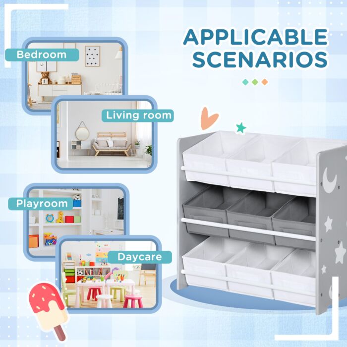 Zonekiz Kids Storage Unit With 9 Removable Storage Baskets, Toy Box Organiser With Shelf, Book Shelf For Nursery Playroom, Grey