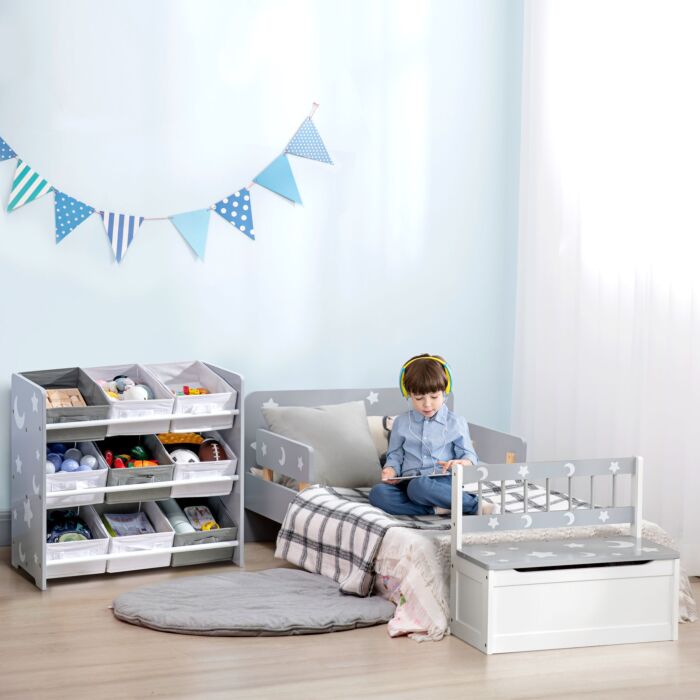Zonekiz Kids Storage Unit With 9 Removable Storage Baskets, Toy Box Organiser With Shelf, Book Shelf For Nursery Playroom, Grey