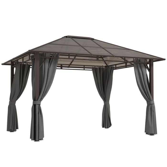 Outsunny 3 X 3.6m Hardtop Gazebo Canopy With Polycarbonate Roof Garden Pavilion With Removable Curtains And Steel Frame, Dark Grey