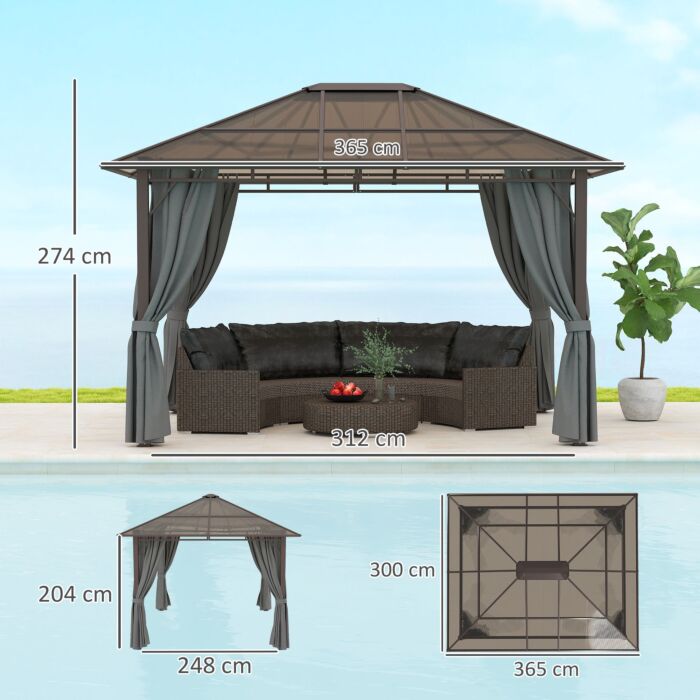 Outsunny 3 X 3.6m Hardtop Gazebo Canopy With Polycarbonate Roof Garden Pavilion With Removable Curtains And Steel Frame, Dark Grey