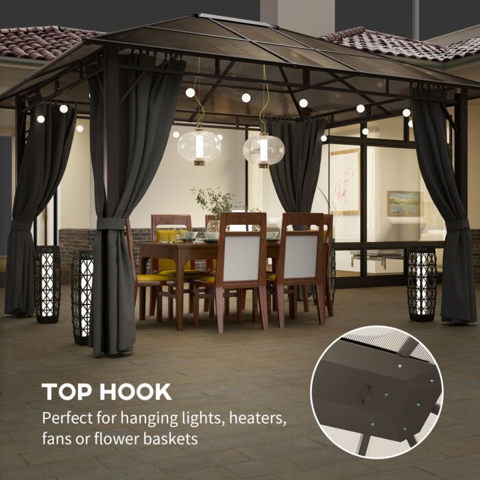 Outsunny 3 X 3.6m Hardtop Gazebo Canopy With Polycarbonate Roof Garden Pavilion With Removable Curtains And Steel Frame, Dark Grey