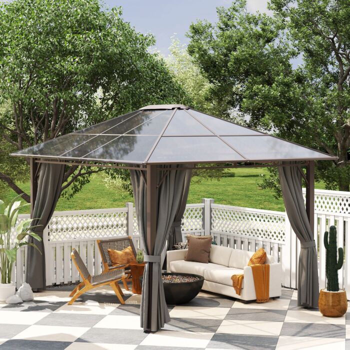 Outsunny 3 X 3.6m Hardtop Gazebo Canopy With Polycarbonate Roof Garden Pavilion With Removable Curtains And Steel Frame, Dark Grey
