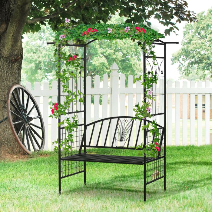 Outsunny Garden Metal Arch Arbour With Bench Love Seat Chair Outdoor Patio Rose Trellis Pergola Climbing Plant Archway Tubular - 154l X 60w X 205hcm
