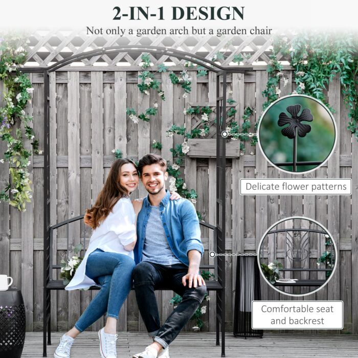 Outsunny Garden Metal Arch Arbour With Bench Love Seat Chair Outdoor Patio Rose Trellis Pergola Climbing Plant Archway Tubular - 154l X 60w X 205hcm
