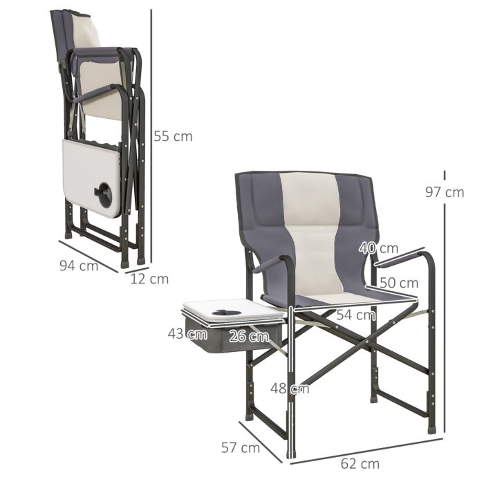 Outsunny Aluminium Directors Chair, Folding Camping Chair For Adults With Side Table, Cup Holder, Cooler Bag And Pocket, Grey