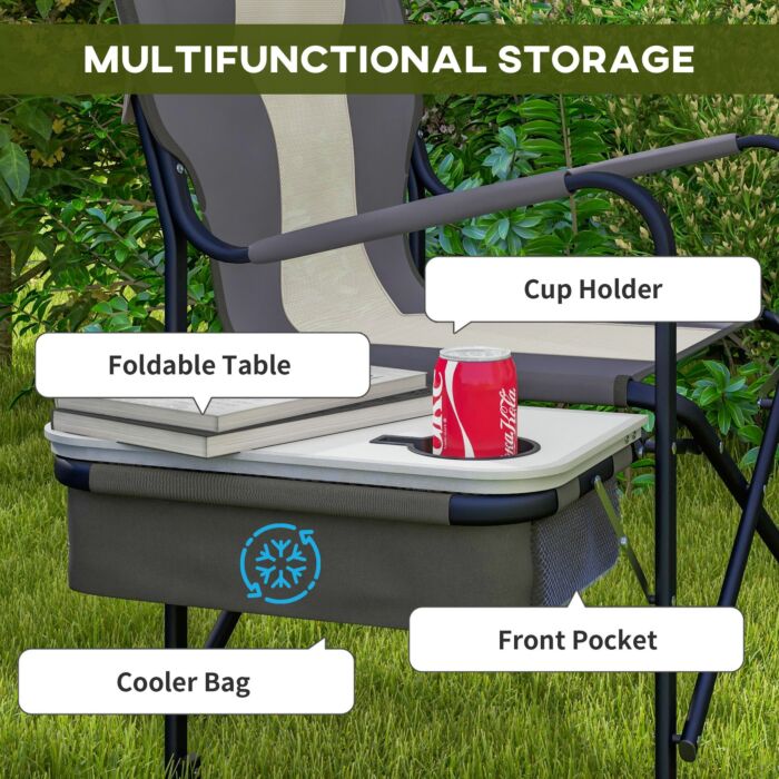 Outsunny Aluminium Directors Chair, Folding Camping Chair For Adults With Side Table, Cup Holder, Cooler Bag And Pocket, Grey