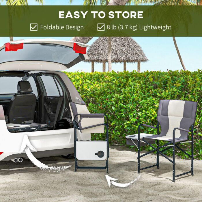 Outsunny Aluminium Directors Chair, Folding Camping Chair For Adults With Side Table, Cup Holder, Cooler Bag And Pocket, Grey