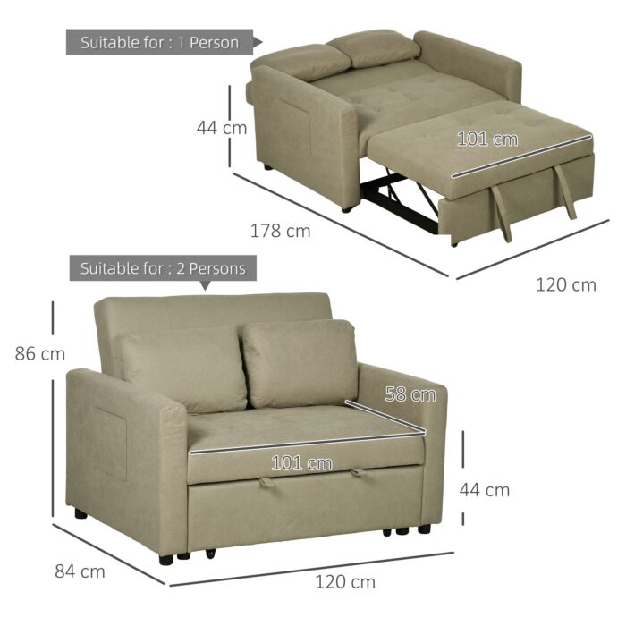 Homcom Loveseat Sofa Bed, Convertible Bed Settee With 2 Cushions, Side Pockets, Light Brown