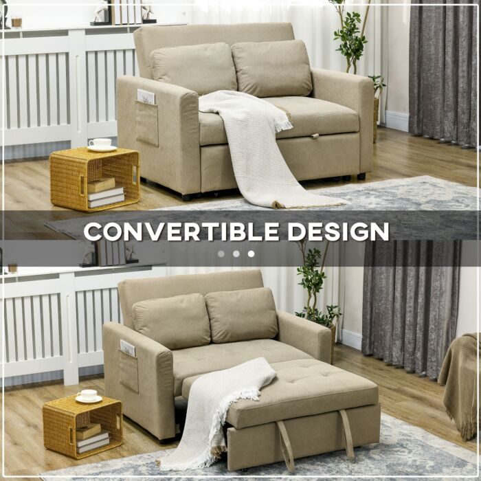Homcom Loveseat Sofa Bed, Convertible Bed Settee With 2 Cushions, Side Pockets, Light Brown