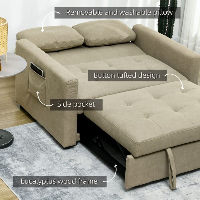Homcom Loveseat Sofa Bed, Convertible Bed Settee With 2 Cushions, Side Pockets, Light Brown
