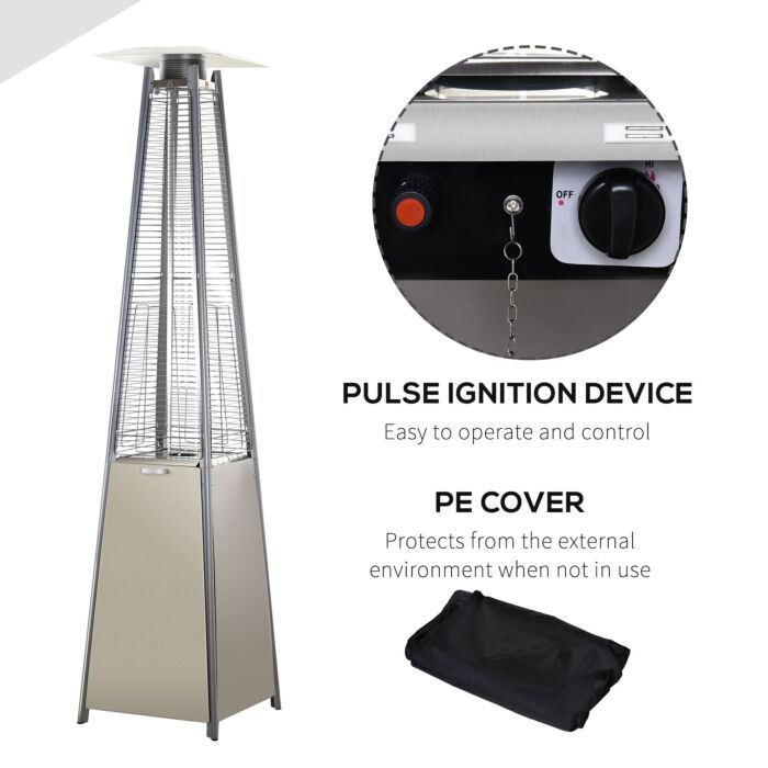 Outsunny 10.5kw Stainless Steel Outdoor Garden Patio Pyramid Heating Propane Gas Real Flame Heater Warmer Glass Tube W/ Wheels And Rain Cover, Silver