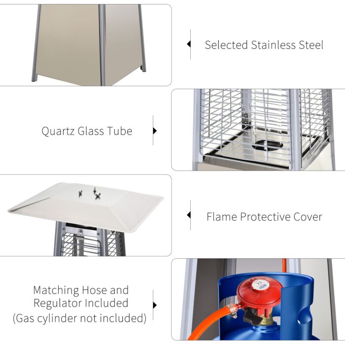 Outsunny 10.5kw Stainless Steel Outdoor Garden Patio Pyramid Heating Propane Gas Real Flame Heater Warmer Glass Tube W/ Wheels And Rain Cover, Silver
