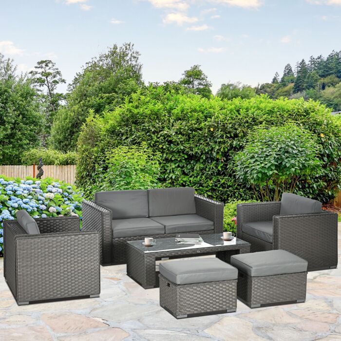 Outsunny 6pc Garden Rattan Sofa Set Outdoor Furniture Patio Table Loveseat Stool Lounging Ottoman Aluminium Frame Wicker Weave Conservatory Grey