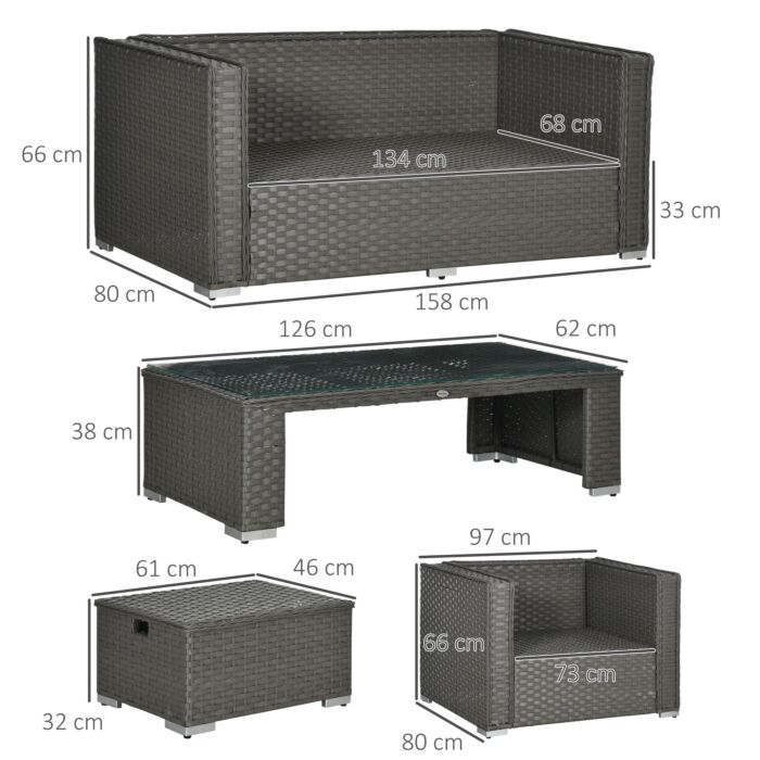 Outsunny 6pc Garden Rattan Sofa Set Outdoor Furniture Patio Table Loveseat Stool Lounging Ottoman Aluminium Frame Wicker Weave Conservatory Grey