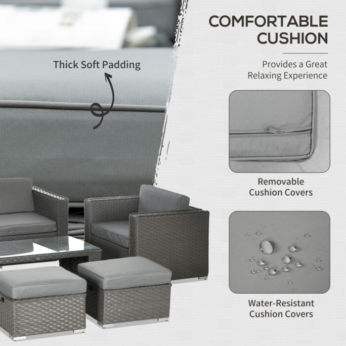 Outsunny 6pc Garden Rattan Sofa Set Outdoor Furniture Patio Table Loveseat Stool Lounging Ottoman Aluminium Frame Wicker Weave Conservatory Grey