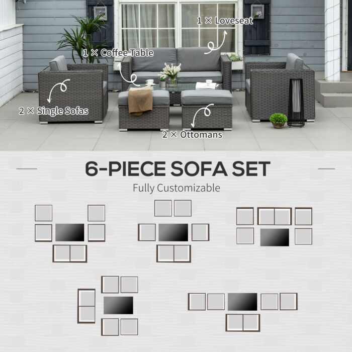 Outsunny 6pc Garden Rattan Sofa Set Outdoor Furniture Patio Table Loveseat Stool Lounging Ottoman Aluminium Frame Wicker Weave Conservatory Grey