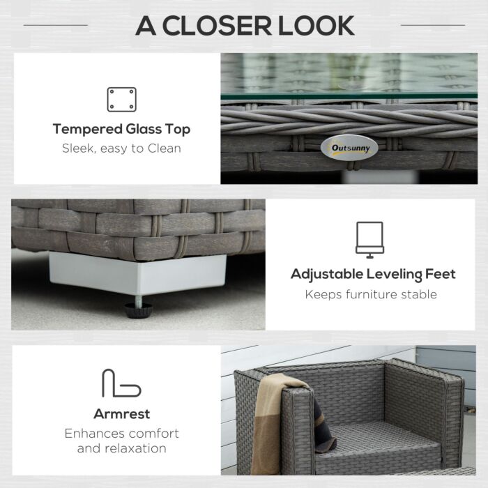 Outsunny 6pc Garden Rattan Sofa Set Outdoor Furniture Patio Table Loveseat Stool Lounging Ottoman Aluminium Frame Wicker Weave Conservatory Grey